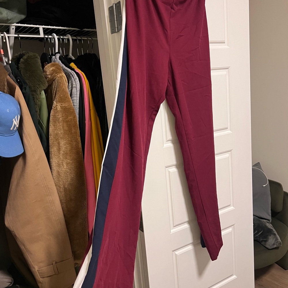 Maroon Track Pants with Navy & White Side Stripes